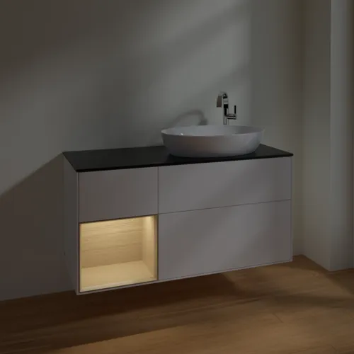 Bild von VILLEROY BOCH Finion Waschbeckenunterschrank, mit Beleuchtung, 3 Auszüge, 1200 x 603 x 501 mm, White Matt Lacquer / Oak Veneer / Glass Black Matt #F922PCMT