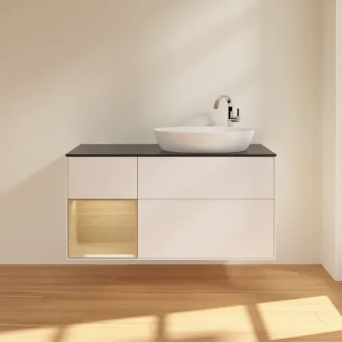 Bild von VILLEROY BOCH Finion Waschbeckenunterschrank, mit Beleuchtung, 3 Auszüge, 1200 x 603 x 501 mm, White Matt Lacquer / Oak Veneer / Glass Black Matt #F922PCMT