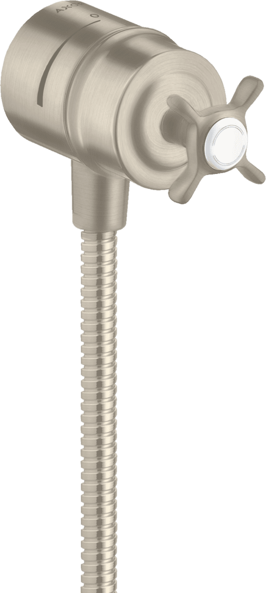 Obrázek HANSGROHE AXOR Montreux Přípojka hadice se zpětným ventilem, s uzavíracím ventilem a rukojetí ve tvaru kříže #16882820 - kartáčovaný nikl