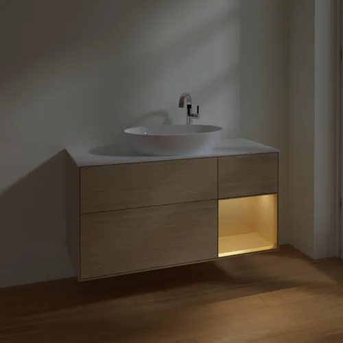 Bild von VILLEROY BOCH Finion Waschbeckenunterschrank, mit Beleuchtung, 3 Auszüge, 1200 x 603 x 501 mm, Oak Veneer / Gold Matt Lacquer / Glass White Matt #F951HFPC