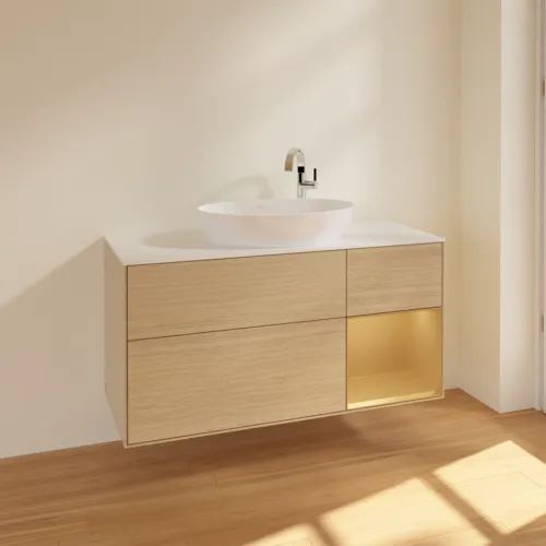 Bild von VILLEROY BOCH Finion Waschbeckenunterschrank, mit Beleuchtung, 3 Auszüge, 1200 x 603 x 501 mm, Oak Veneer / Gold Matt Lacquer / Glass White Matt #F951HFPC