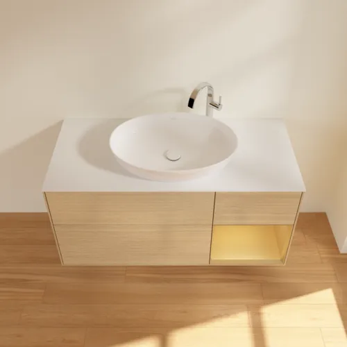 Bild von VILLEROY BOCH Finion Waschbeckenunterschrank, mit Beleuchtung, 3 Auszüge, 1200 x 603 x 501 mm, Oak Veneer / Gold Matt Lacquer / Glass White Matt #F951HFPC