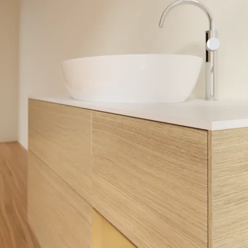 Bild von VILLEROY BOCH Finion Waschbeckenunterschrank, mit Beleuchtung, 3 Auszüge, 1200 x 603 x 501 mm, Oak Veneer / Gold Matt Lacquer / Glass White Matt #F951HFPC