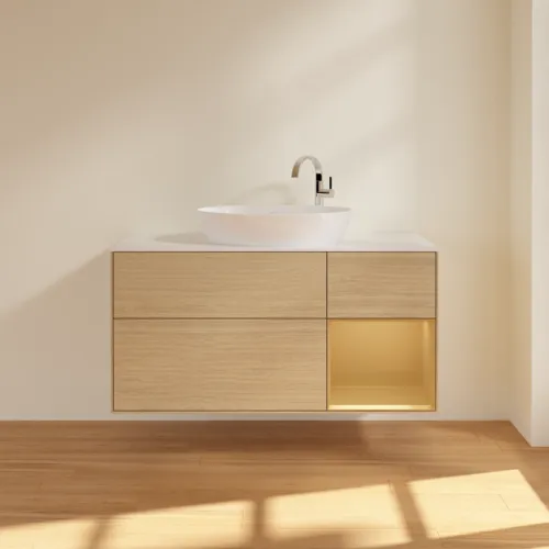 Bild von VILLEROY BOCH Finion Waschbeckenunterschrank, mit Beleuchtung, 3 Auszüge, 1200 x 603 x 501 mm, Oak Veneer / Gold Matt Lacquer / Glass White Matt #F951HFPC
