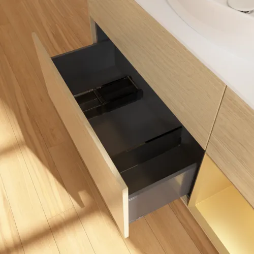 Bild von VILLEROY BOCH Finion Waschbeckenunterschrank, mit Beleuchtung, 3 Auszüge, 1200 x 603 x 501 mm, Oak Veneer / Gold Matt Lacquer / Glass White Matt #F951HFPC