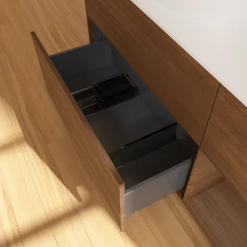 Bild von VILLEROY BOCH Finion Waschbeckenunterschrank, mit Beleuchtung, 3 Auszüge, 1200 x 603 x 501 mm, Walnut Veneer / Walnut Veneer / Glass White Matt #FA51GNGN