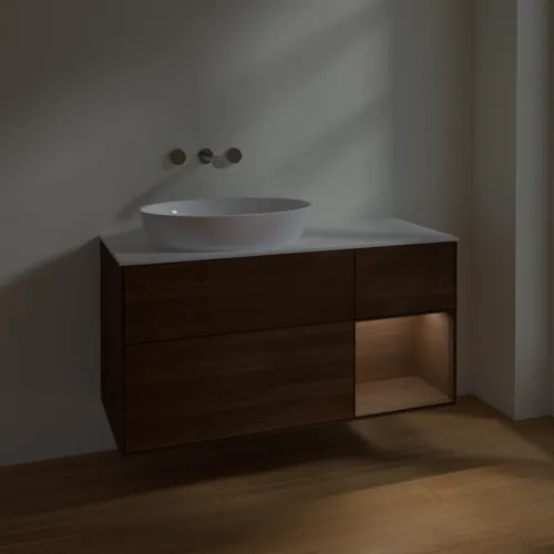 Bild von VILLEROY BOCH Finion Waschbeckenunterschrank, mit Beleuchtung, 3 Auszüge, 1200 x 603 x 501 mm, Walnut Veneer / Walnut Veneer / Glass White Matt #FA51GNGN
