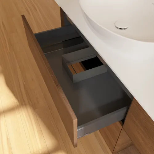 Bild von VILLEROY BOCH Finion Waschbeckenunterschrank, mit Beleuchtung, 3 Auszüge, 1200 x 603 x 501 mm, Walnut Veneer / Walnut Veneer / Glass White Matt #FA51GNGN
