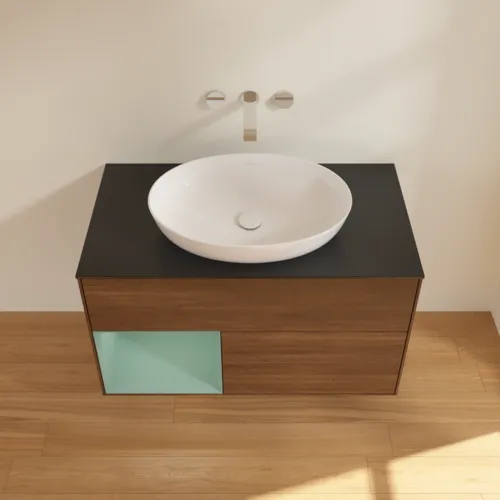 Bild von VILLEROY BOCH Finion Waschbeckenunterschrank, mit Beleuchtung, 2 Auszüge, 1000 x 603 x 501 mm, Walnut Veneer / Olive Matt Lacquer / Glass Black Matt #FA12GMGN
