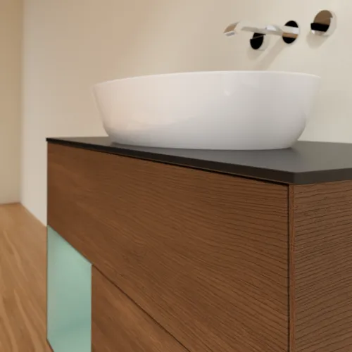 Bild von VILLEROY BOCH Finion Waschbeckenunterschrank, mit Beleuchtung, 2 Auszüge, 1000 x 603 x 501 mm, Walnut Veneer / Olive Matt Lacquer / Glass Black Matt #FA12GMGN
