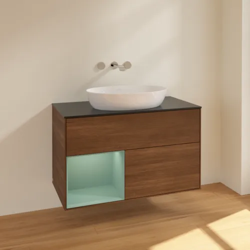 Bild von VILLEROY BOCH Finion Waschbeckenunterschrank, mit Beleuchtung, 2 Auszüge, 1000 x 603 x 501 mm, Walnut Veneer / Olive Matt Lacquer / Glass Black Matt #FA12GMGN