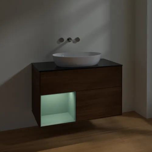 Bild von VILLEROY BOCH Finion Waschbeckenunterschrank, mit Beleuchtung, 2 Auszüge, 1000 x 603 x 501 mm, Walnut Veneer / Olive Matt Lacquer / Glass Black Matt #FA12GMGN