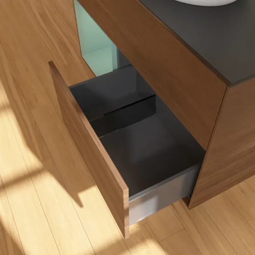 Bild von VILLEROY BOCH Finion Waschbeckenunterschrank, mit Beleuchtung, 2 Auszüge, 1000 x 603 x 501 mm, Walnut Veneer / Olive Matt Lacquer / Glass Black Matt #FA12GMGN