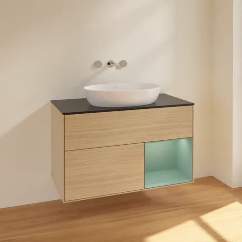 VILLEROY BOCH Finion Waschbeckenunterschrank, mit Beleuchtung, 2 Auszüge, 1000 x 603 x 501 mm, Oak Veneer / Olive Matt Lacquer / Glass Black Matt #FA22GMPC, Bild 2