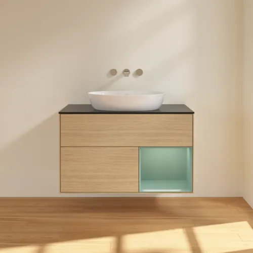 VILLEROY BOCH Finion Waschbeckenunterschrank, mit Beleuchtung, 2 Auszüge, 1000 x 603 x 501 mm, Oak Veneer / Olive Matt Lacquer / Glass Black Matt #FA22GMPC, Bild 3