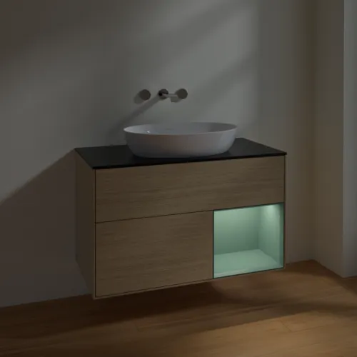 VILLEROY BOCH Finion Waschbeckenunterschrank, mit Beleuchtung, 2 Auszüge, 1000 x 603 x 501 mm, Oak Veneer / Olive Matt Lacquer / Glass Black Matt #FA22GMPC, Bild 5