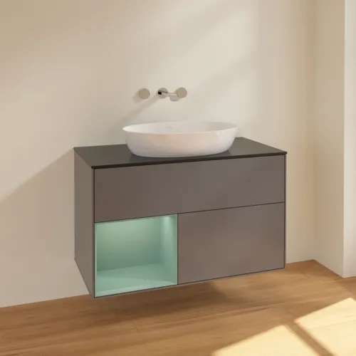 VILLEROY BOCH Finion Waschbeckenunterschrank, mit Beleuchtung, 2 Auszüge, 1000 x 603 x 501 mm, Anthracite Matt Lacquer / Olive Matt Lacquer / Glass Black Matt #FA12GMGK, Bild 2