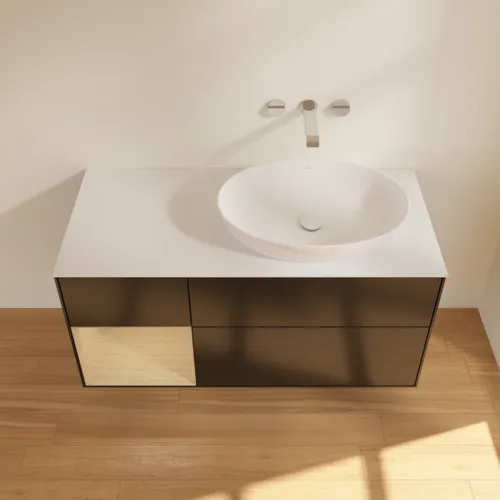 VILLEROY BOCH Finion Waschbeckenunterschrank, mit Beleuchtung, 3 Auszüge, 1200 x 603 x 501 mm, Black Matt Lacquer / Oak Veneer / Glass White Matt #FA41PCPD, Bild 4