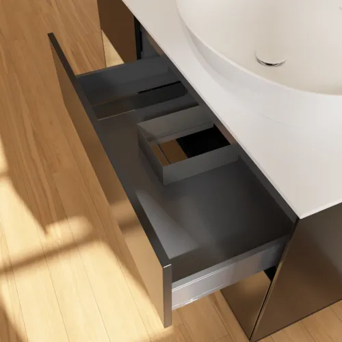VILLEROY BOCH Finion Waschbeckenunterschrank, mit Beleuchtung, 3 Auszüge, 1200 x 603 x 501 mm, Black Matt Lacquer / Oak Veneer / Glass White Matt #FA41PCPD, Bild 8