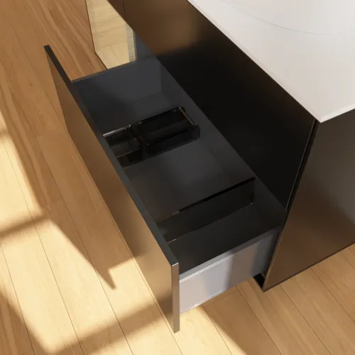 VILLEROY BOCH Finion Waschbeckenunterschrank, mit Beleuchtung, 3 Auszüge, 1200 x 603 x 501 mm, Black Matt Lacquer / Oak Veneer / Glass White Matt #FA41PCPD, Bild 7