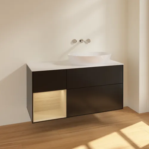 VILLEROY BOCH Finion Waschbeckenunterschrank, mit Beleuchtung, 3 Auszüge, 1200 x 603 x 501 mm, Black Matt Lacquer / Oak Veneer / Glass White Matt #FA41PCPD, Bild 2