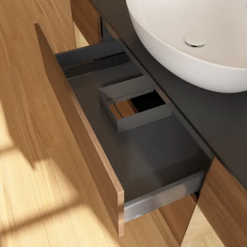 Bild von VILLEROY BOCH Finion Waschbeckenunterschrank, mit Beleuchtung, 4 Auszüge, 1600 x 603 x 501 mm, Walnut Veneer / Oak Veneer / Glass Black Matt #F982PCGN