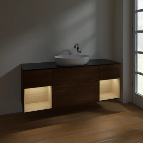 Bild von VILLEROY BOCH Finion Waschbeckenunterschrank, mit Beleuchtung, 4 Auszüge, 1600 x 603 x 501 mm, Walnut Veneer / Oak Veneer / Glass Black Matt #F982PCGN