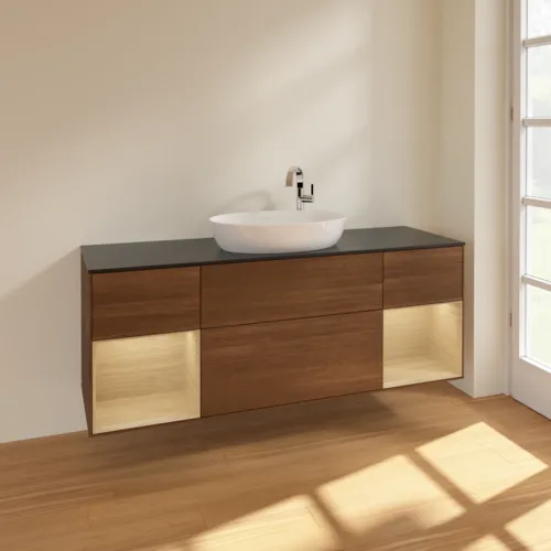 Bild von VILLEROY BOCH Finion Waschbeckenunterschrank, mit Beleuchtung, 4 Auszüge, 1600 x 603 x 501 mm, Walnut Veneer / Oak Veneer / Glass Black Matt #F982PCGN