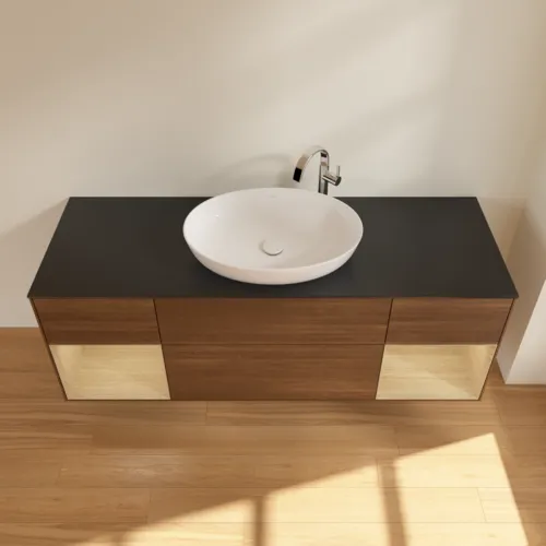 Bild von VILLEROY BOCH Finion Waschbeckenunterschrank, mit Beleuchtung, 4 Auszüge, 1600 x 603 x 501 mm, Walnut Veneer / Oak Veneer / Glass Black Matt #F982PCGN