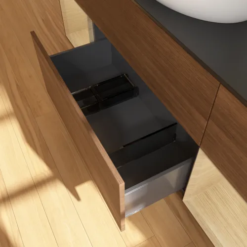 Bild von VILLEROY BOCH Finion Waschbeckenunterschrank, mit Beleuchtung, 4 Auszüge, 1600 x 603 x 501 mm, Walnut Veneer / Oak Veneer / Glass Black Matt #F982PCGN