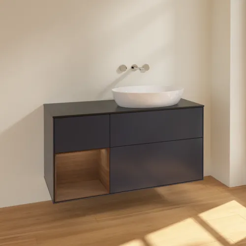 Bild von VILLEROY BOCH Finion Waschbeckenunterschrank, mit Beleuchtung, 3 Auszüge, 1200 x 603 x 501 mm, Midnight Blue Matt Lacquer / Walnut Veneer / Glass Black Matt #FA42GNHG