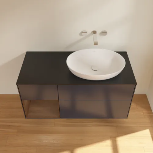 Bild von VILLEROY BOCH Finion Waschbeckenunterschrank, mit Beleuchtung, 3 Auszüge, 1200 x 603 x 501 mm, Midnight Blue Matt Lacquer / Walnut Veneer / Glass Black Matt #FA42GNHG