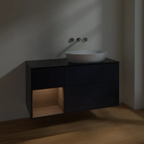 Bild von VILLEROY BOCH Finion Waschbeckenunterschrank, mit Beleuchtung, 3 Auszüge, 1200 x 603 x 501 mm, Midnight Blue Matt Lacquer / Walnut Veneer / Glass Black Matt #FA42GNHG