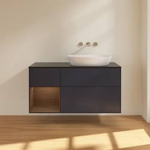 Bild von VILLEROY BOCH Finion Waschbeckenunterschrank, mit Beleuchtung, 3 Auszüge, 1200 x 603 x 501 mm, Midnight Blue Matt Lacquer / Walnut Veneer / Glass Black Matt #FA42GNHG