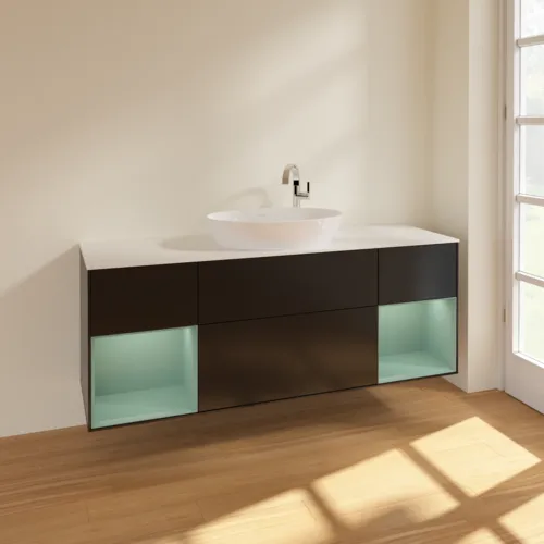 Bild von VILLEROY BOCH Finion Waschbeckenunterschrank, mit Beleuchtung, 4 Auszüge, 1600 x 603 x 501 mm, Black Matt Lacquer / Olive Matt Lacquer / Glass White Matt #F981GMPD