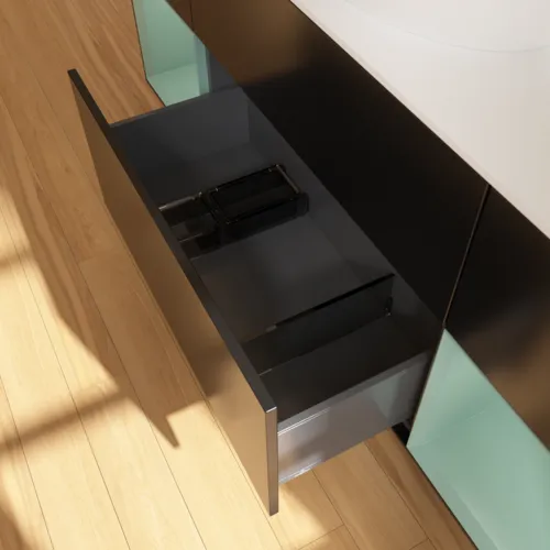 Bild von VILLEROY BOCH Finion Waschbeckenunterschrank, mit Beleuchtung, 4 Auszüge, 1600 x 603 x 501 mm, Black Matt Lacquer / Olive Matt Lacquer / Glass White Matt #F981GMPD