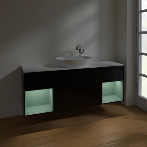 Bild von VILLEROY BOCH Finion Waschbeckenunterschrank, mit Beleuchtung, 4 Auszüge, 1600 x 603 x 501 mm, Black Matt Lacquer / Olive Matt Lacquer / Glass White Matt #F981GMPD