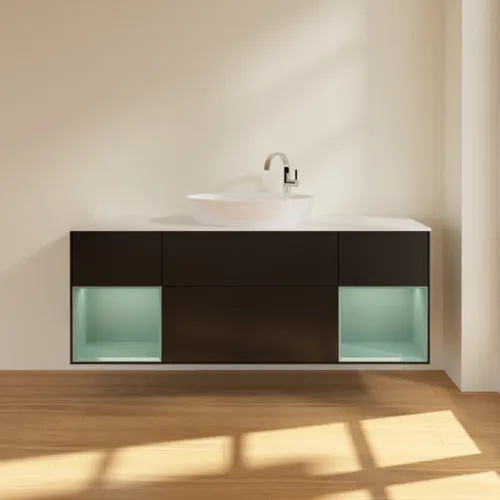 Bild von VILLEROY BOCH Finion Waschbeckenunterschrank, mit Beleuchtung, 4 Auszüge, 1600 x 603 x 501 mm, Black Matt Lacquer / Olive Matt Lacquer / Glass White Matt #F981GMPD