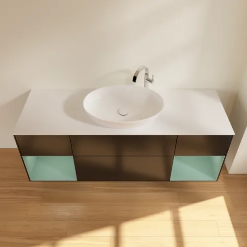 Bild von VILLEROY BOCH Finion Waschbeckenunterschrank, mit Beleuchtung, 4 Auszüge, 1600 x 603 x 501 mm, Black Matt Lacquer / Olive Matt Lacquer / Glass White Matt #F981GMPD