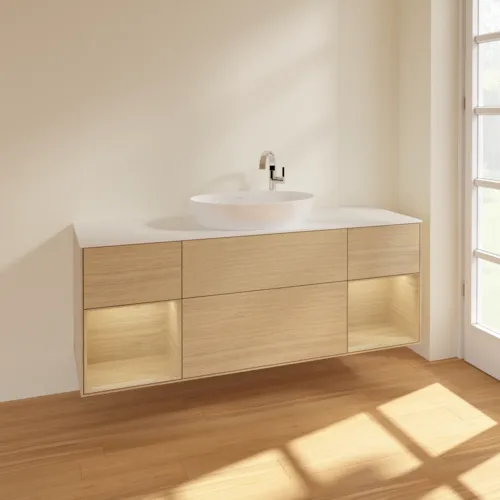Bild von VILLEROY BOCH Finion Waschbeckenunterschrank, mit Beleuchtung, 4 Auszüge, 1600 x 603 x 501 mm, Oak Veneer / Oak Veneer / Glass White Matt #F981PCPC