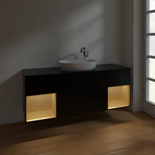 Bild von VILLEROY BOCH Finion Waschbeckenunterschrank, mit Beleuchtung, 4 Auszüge, 1600 x 603 x 501 mm, Black Matt Lacquer / Gold Matt Lacquer / Glass Black Matt #F982HFPD