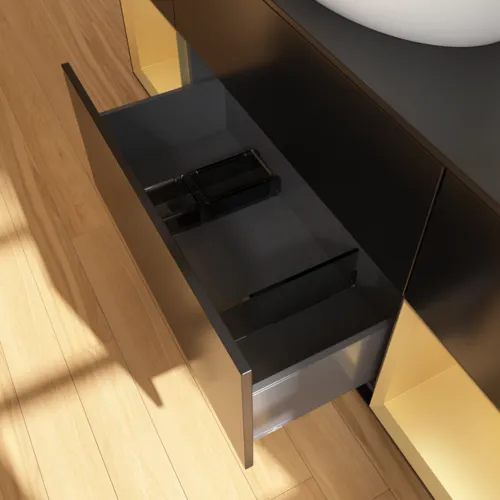 Bild von VILLEROY BOCH Finion Waschbeckenunterschrank, mit Beleuchtung, 4 Auszüge, 1600 x 603 x 501 mm, Black Matt Lacquer / Gold Matt Lacquer / Glass Black Matt #F982HFPD