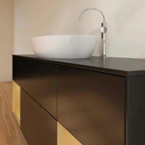 Bild von VILLEROY BOCH Finion Waschbeckenunterschrank, mit Beleuchtung, 4 Auszüge, 1600 x 603 x 501 mm, Black Matt Lacquer / Gold Matt Lacquer / Glass Black Matt #F982HFPD