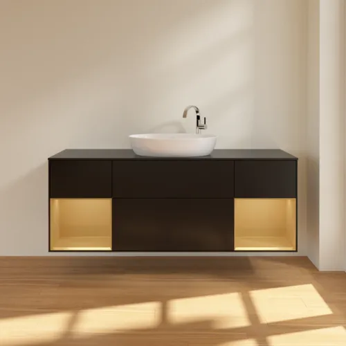 Bild von VILLEROY BOCH Finion Waschbeckenunterschrank, mit Beleuchtung, 4 Auszüge, 1600 x 603 x 501 mm, Black Matt Lacquer / Gold Matt Lacquer / Glass Black Matt #F982HFPD