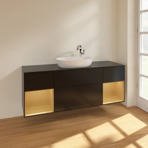 Bild von VILLEROY BOCH Finion Waschbeckenunterschrank, mit Beleuchtung, 4 Auszüge, 1600 x 603 x 501 mm, Black Matt Lacquer / Gold Matt Lacquer / Glass Black Matt #F982HFPD
