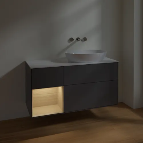 VILLEROY BOCH Finion Waschbeckenunterschrank, mit Beleuchtung, 3 Auszüge, 1200 x 603 x 501 mm, Anthracite Matt Lacquer / Oak Veneer / Glass White Matt #FA41PCGK, Bild 5