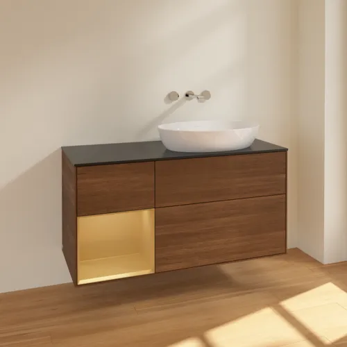 VILLEROY BOCH Finion Waschbeckenunterschrank, mit Beleuchtung, 3 Auszüge, 1200 x 603 x 501 mm, Walnut Veneer / Gold Matt Lacquer / Glass Black Matt #FA42HFGN, Bild 2