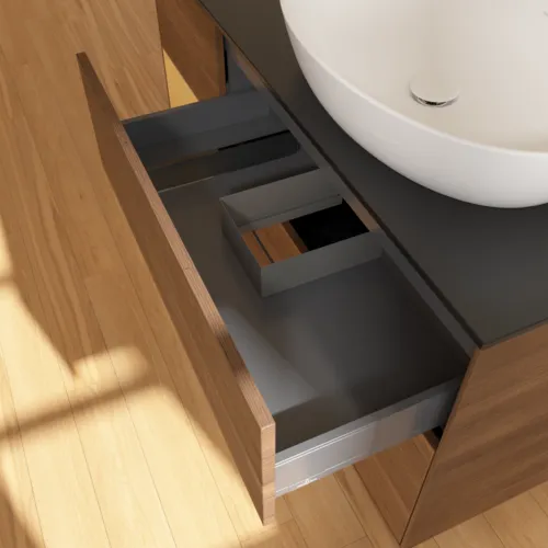 VILLEROY BOCH Finion Waschbeckenunterschrank, mit Beleuchtung, 3 Auszüge, 1200 x 603 x 501 mm, Walnut Veneer / Gold Matt Lacquer / Glass Black Matt #FA42HFGN, Bild 8
