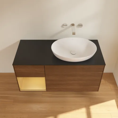 VILLEROY BOCH Finion Waschbeckenunterschrank, mit Beleuchtung, 3 Auszüge, 1200 x 603 x 501 mm, Walnut Veneer / Gold Matt Lacquer / Glass Black Matt #FA42HFGN, Bild 4