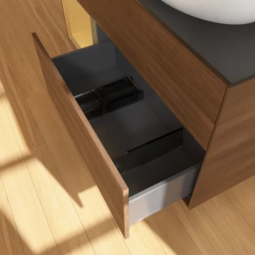 VILLEROY BOCH Finion Waschbeckenunterschrank, mit Beleuchtung, 3 Auszüge, 1200 x 603 x 501 mm, Walnut Veneer / Gold Matt Lacquer / Glass Black Matt #FA42HFGN, Bild 7